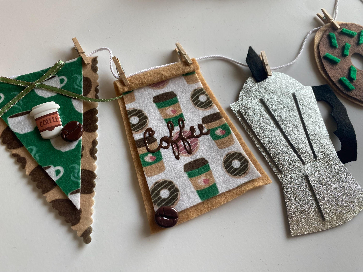 Coffee Lovers Banner, Miniature Felt Garland, Coffee Bean Bunting, Coffee Bar Wall Hanging Decoration