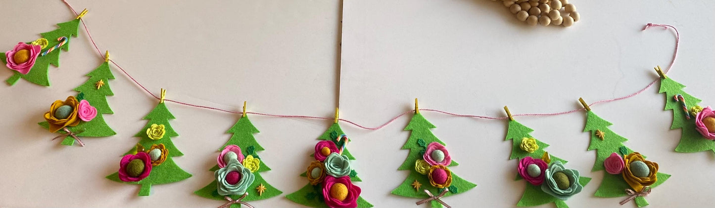 Bright and Colorful Christmas Tree Bunting, Pink and Yellow Floral Holiday Garland, Girly Felt Flowers Banner Decoration for Christmas