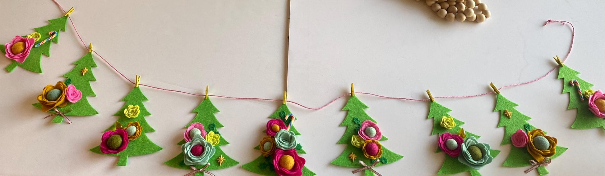 Bright and Colorful Christmas Tree Bunting, Pink and Yellow Floral Holiday Garland, Girly Felt Flowers Banner Decoration for Christmas