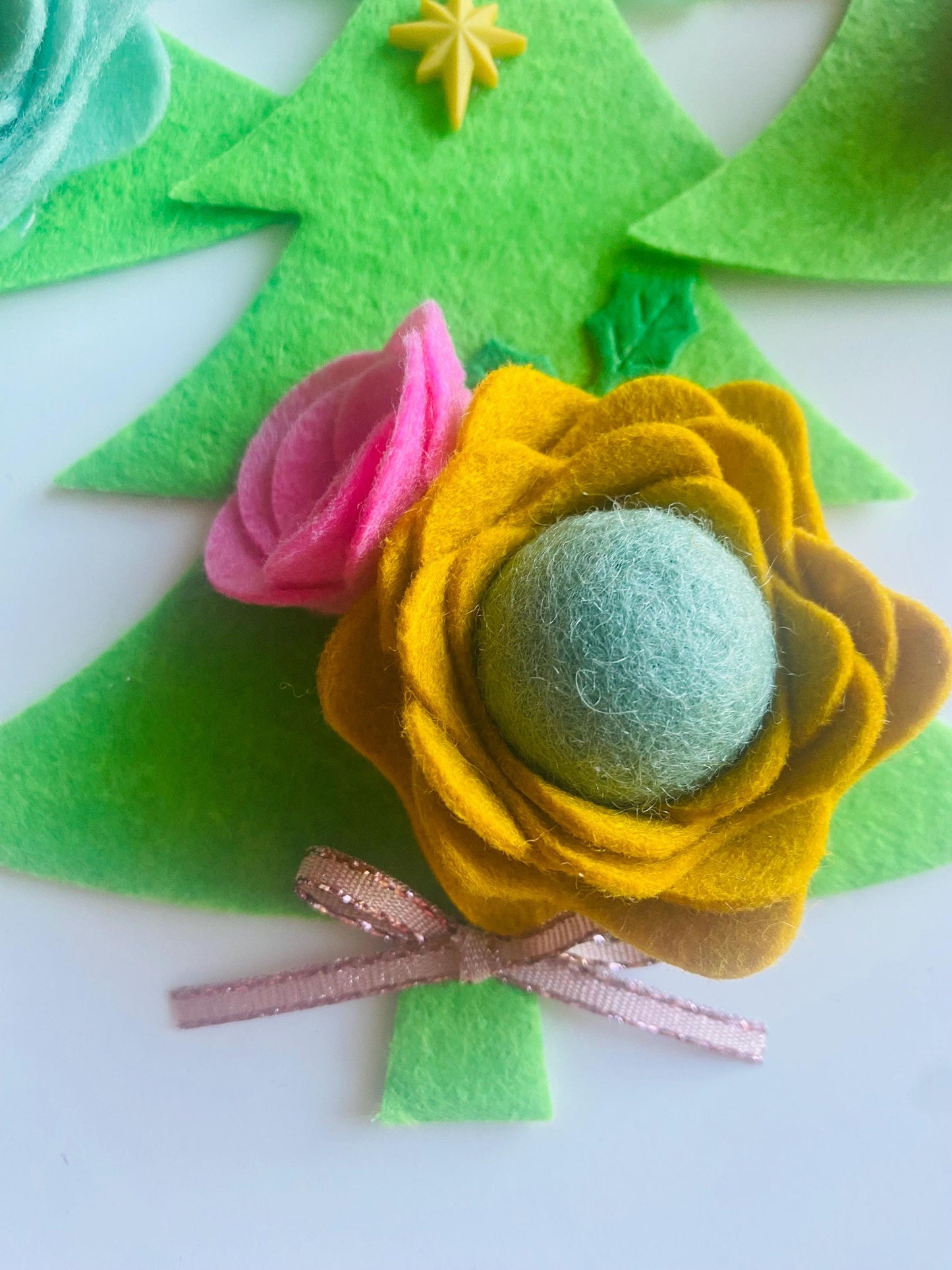 Bright and Colorful Christmas Tree Bunting, Pink and Yellow Floral Holiday Garland, Girly Felt Flowers Banner Decoration for Christmas