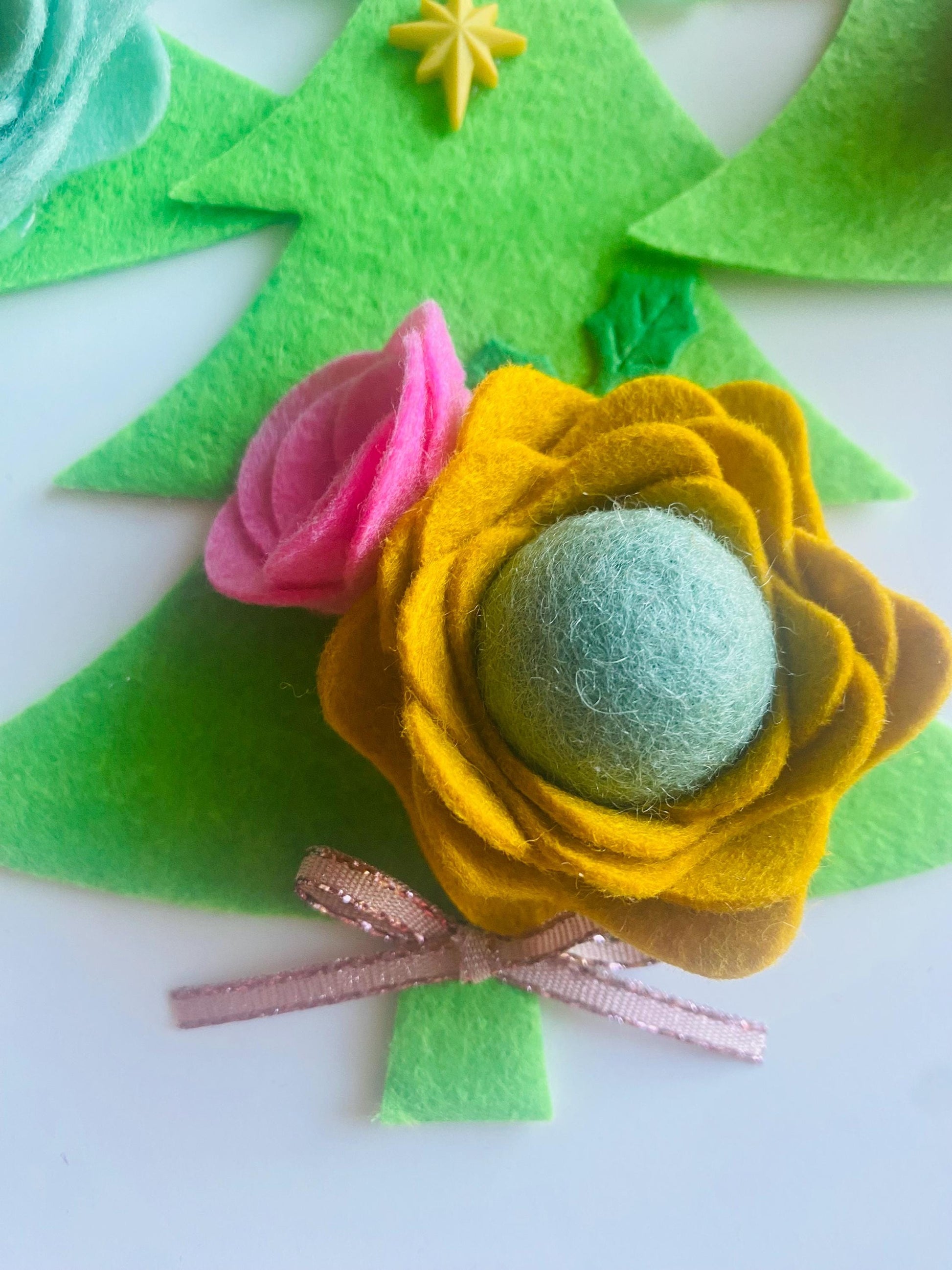 Bright and Colorful Christmas Tree Bunting, Pink and Yellow Floral Holiday Garland, Girly Felt Flowers Banner Decoration for Christmas