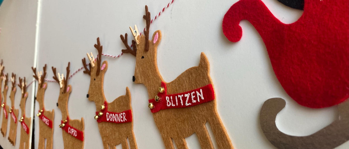 Reindeer and Santa’s Sleigh Bunting, Christmas Holiday Garland, Rudolph, Dasher, and Dancer Banner for Fireplace Mantel Home Decoration