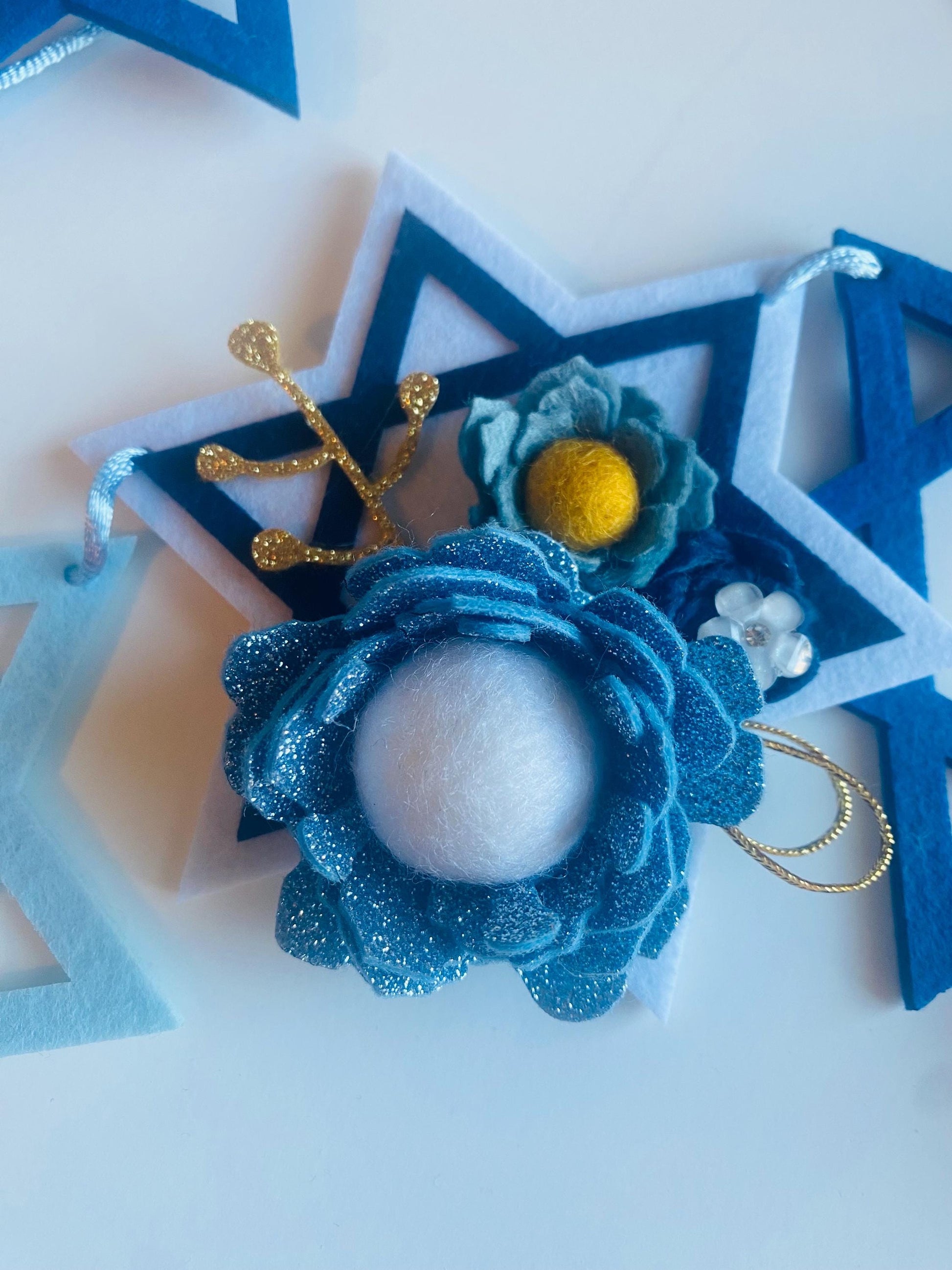 Hanukkah Star Felt Banner, Blue and Gold Felt Flower Garland, Jewish Religious Bunting, Wall Hanging Holiday Home Decoration