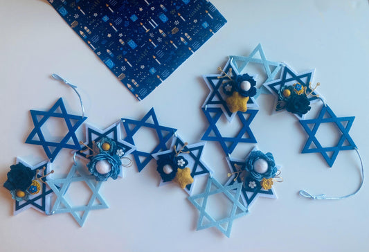 Hanukkah Star Felt Banner, Blue and Gold Felt Flower Garland, Jewish Religious Bunting, Wall Hanging Holiday Home Decoration