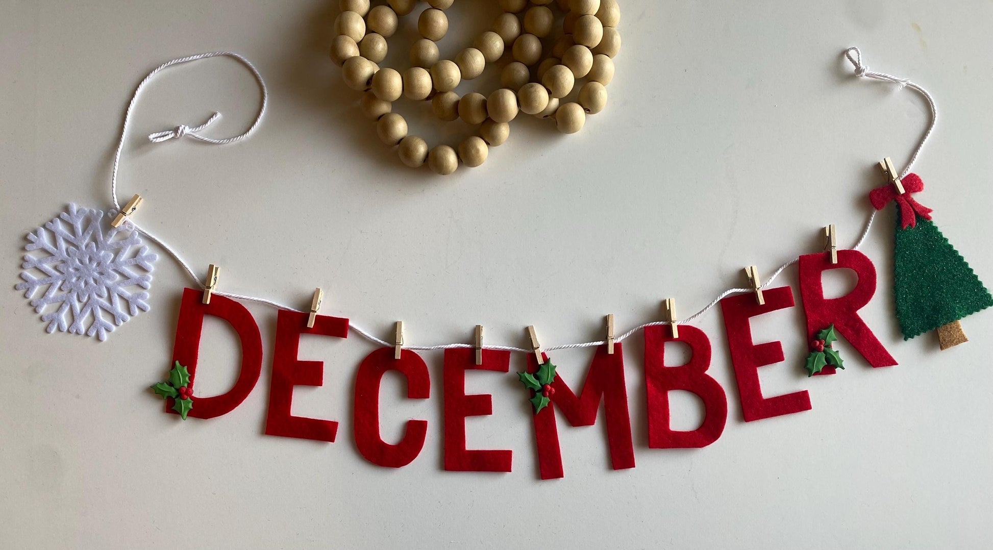 December Monthly Banner, Christmas Tree Garland with Snowflake, Classroom Bulletin Board Bunting with Holly