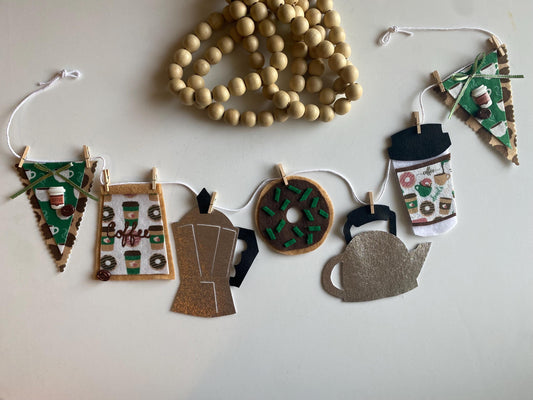 Coffee Lovers Banner, Miniature Felt Garland, Coffee Bean Bunting, Coffee Bar Wall Hanging Decoration