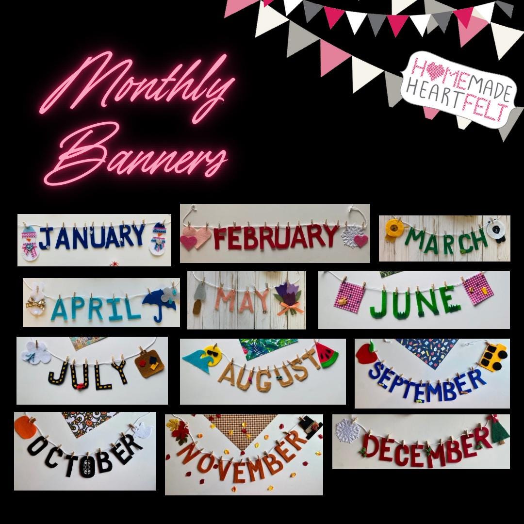 Set of 12 Miniature Felt Monthly Word Banners, Small Calendar Garlands for Bulletin Boards or Home Decorating, Clothesline Mantel Bunting