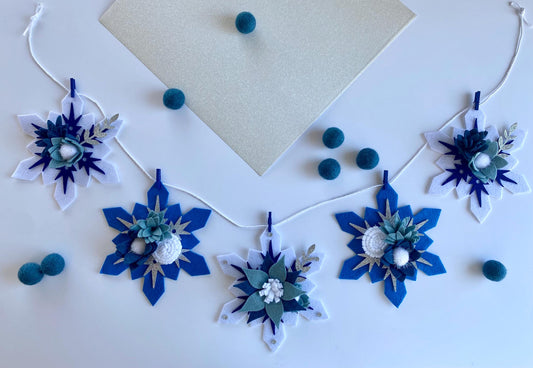 Sparkly Felt Snowflake Garland with Florals, Felt Snowflake Banner with Flowers, Wall Hanging or Mantel Decoration for Winter