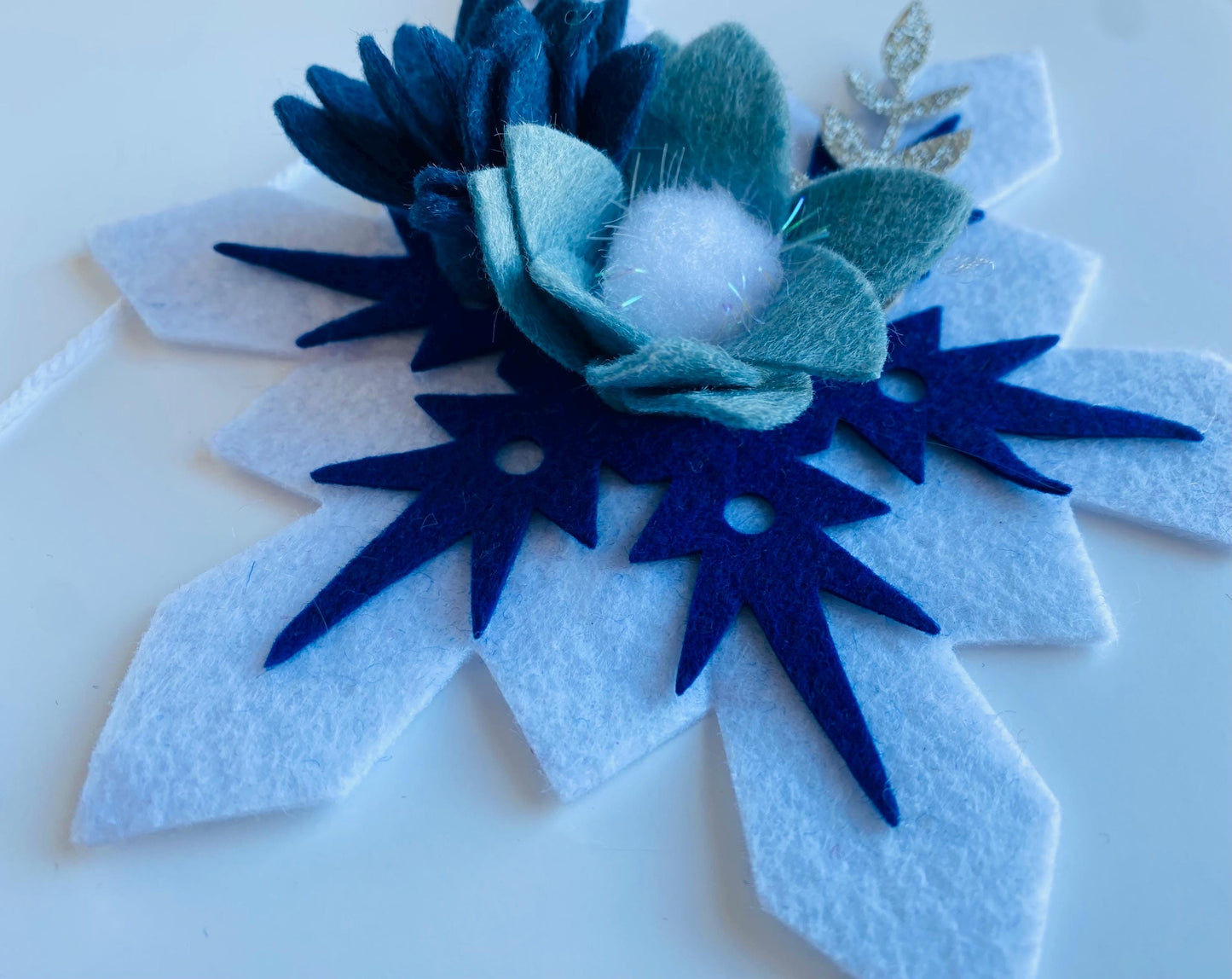 Sparkly Felt Snowflake Garland with Florals, Felt Snowflake Banner with Flowers, Wall Hanging or Mantel Decoration for Winter