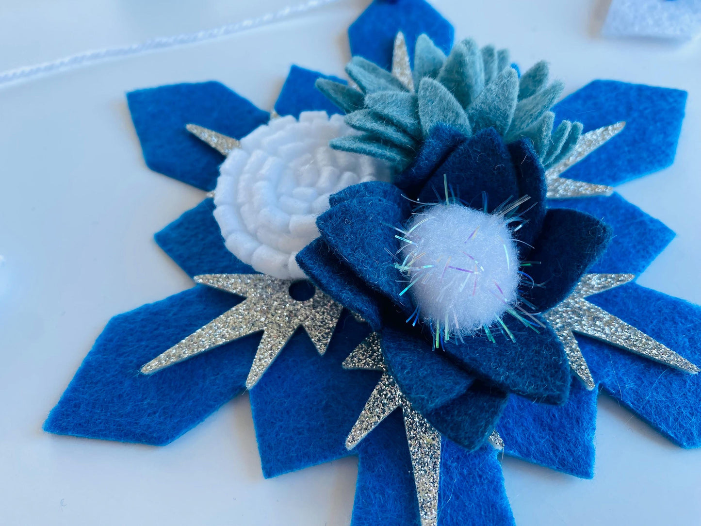 Sparkly Felt Snowflake Garland with Florals, Felt Snowflake Banner with Flowers, Wall Hanging or Mantel Decoration for Winter