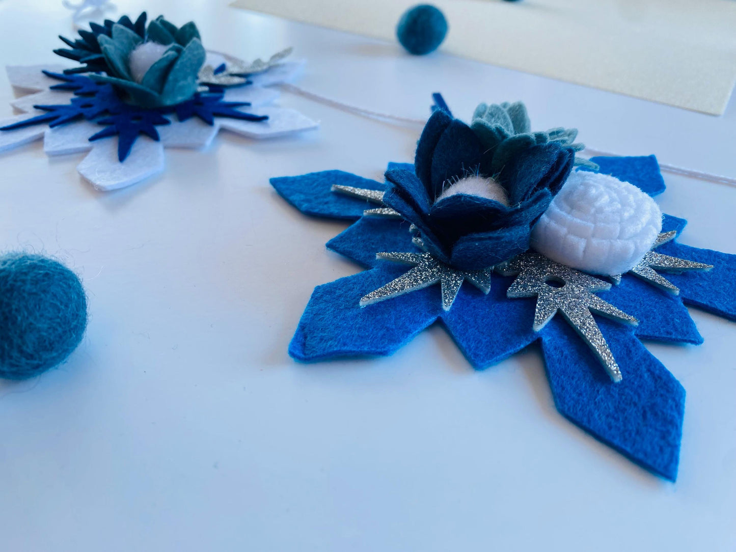 Sparkly Felt Snowflake Garland with Florals, Felt Snowflake Banner with Flowers, Wall Hanging or Mantel Decoration for Winter