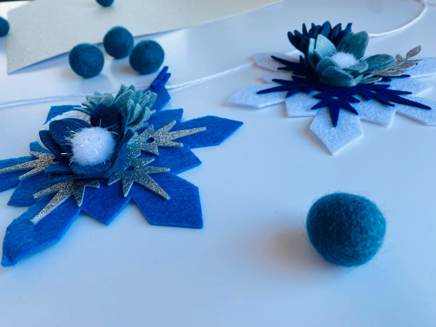 Sparkly Felt Snowflake Garland with Florals, Felt Snowflake Banner with Flowers, Wall Hanging or Mantel Decoration for Winter