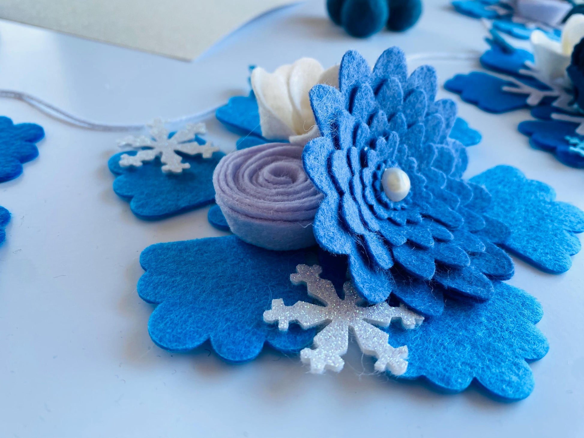 Felt Snowflake Garland with Florals, Felt Snowflake Banner with Flowers, Wall Hanging or Mantel Decoration for Winter