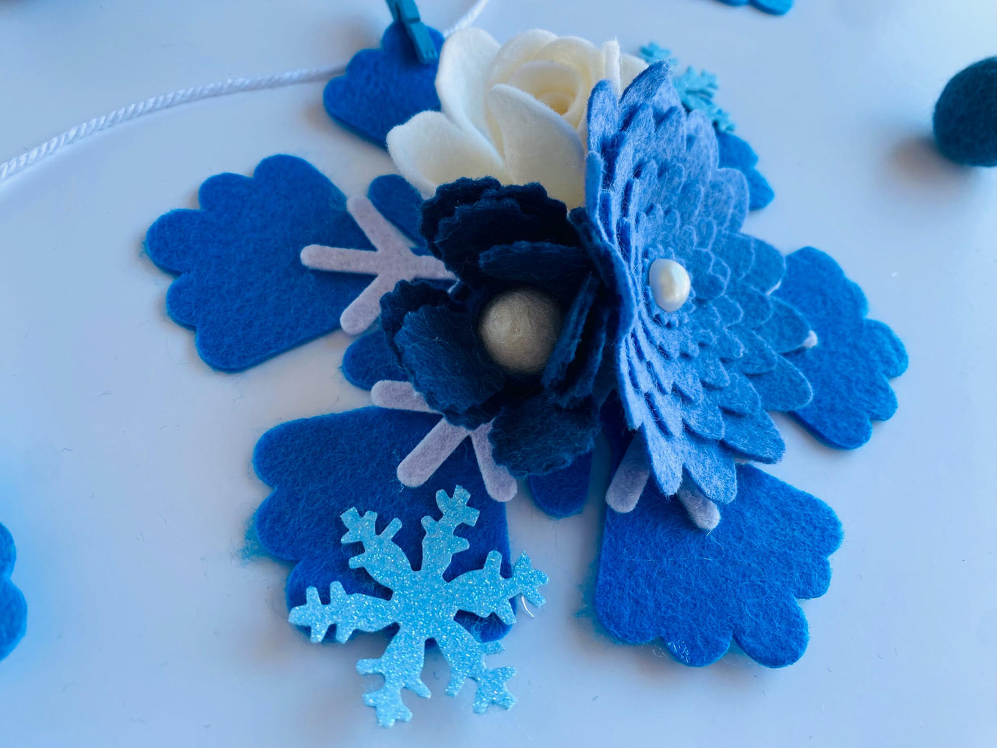 Felt Snowflake Garland with Florals, Felt Snowflake Banner with Flowers, Wall Hanging or Mantel Decoration for Winter