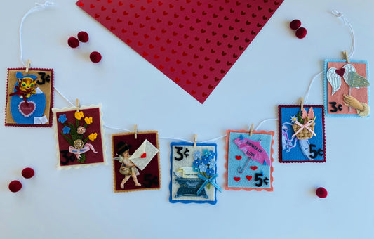 Vintage Inspired Felt Stamps Banner, Valentine’s Day Stamp Garland, Cupid Clothesline Banner, Victorian Style Postage Stamp Home Decoration