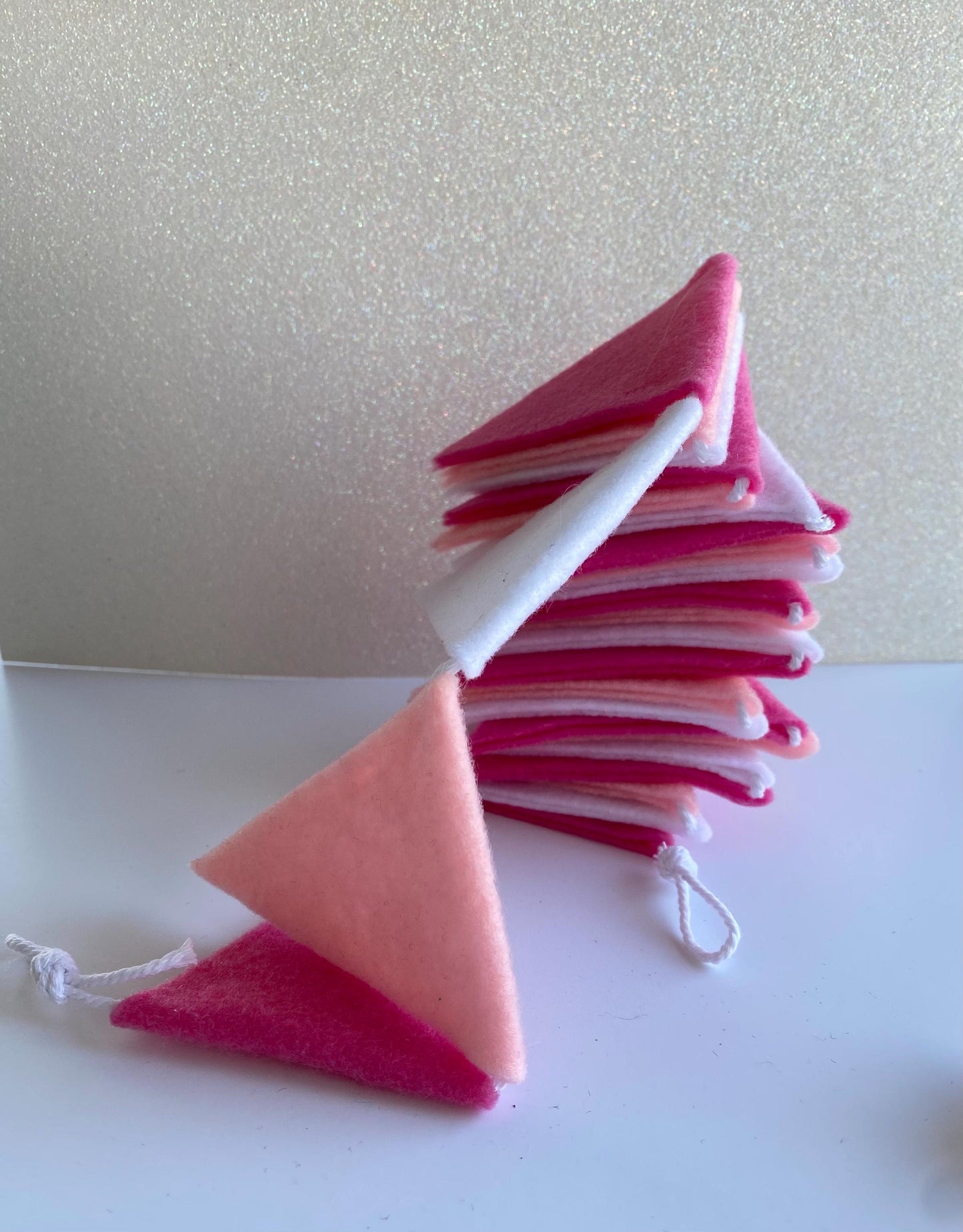 Triangle Bunting, St Valentine’s Day Pink and White Triangle Flag Garland, Baby Girl Bunting, 6 feet long Felt Mantel Swag or Party Decor