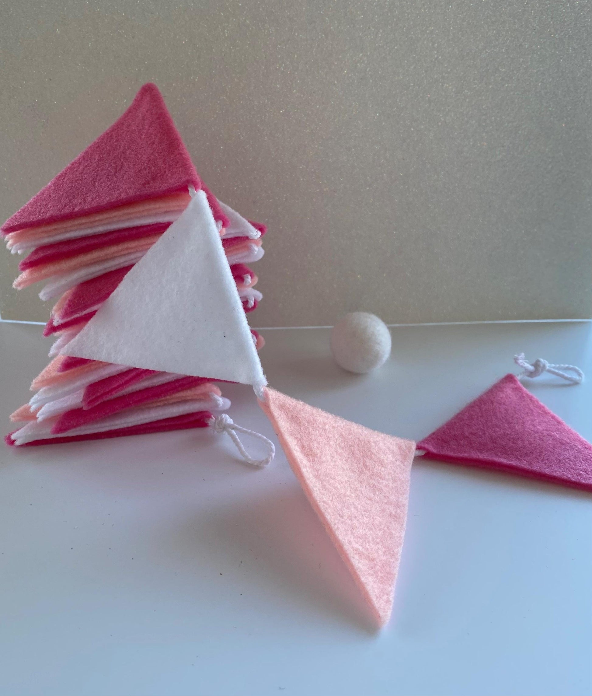 Triangle Bunting, St Valentine’s Day Pink and White Triangle Flag Garland, Baby Girl Bunting, 6 feet long Felt Mantel Swag or Party Decor