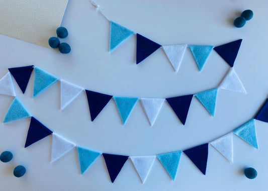 Triangle Bunting, Winter Blue and White Triangle Flag Garland, Baby Boy Bunting, 6 feet long Felt Mantel Swag or Party Decor
