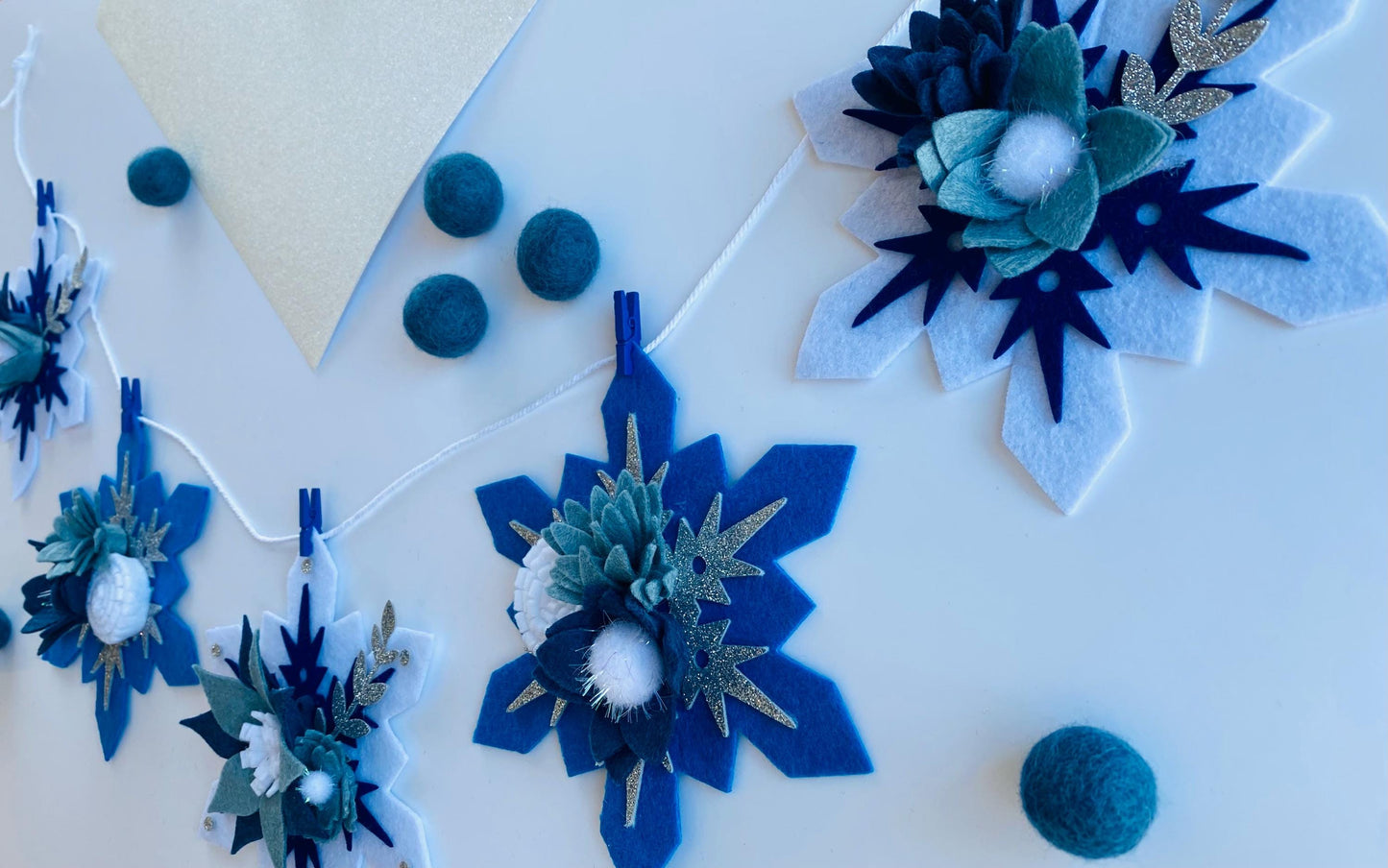 Sparkly Felt Snowflake Garland with Florals, Felt Snowflake Banner with Flowers, Wall Hanging or Mantel Decoration for Winter
