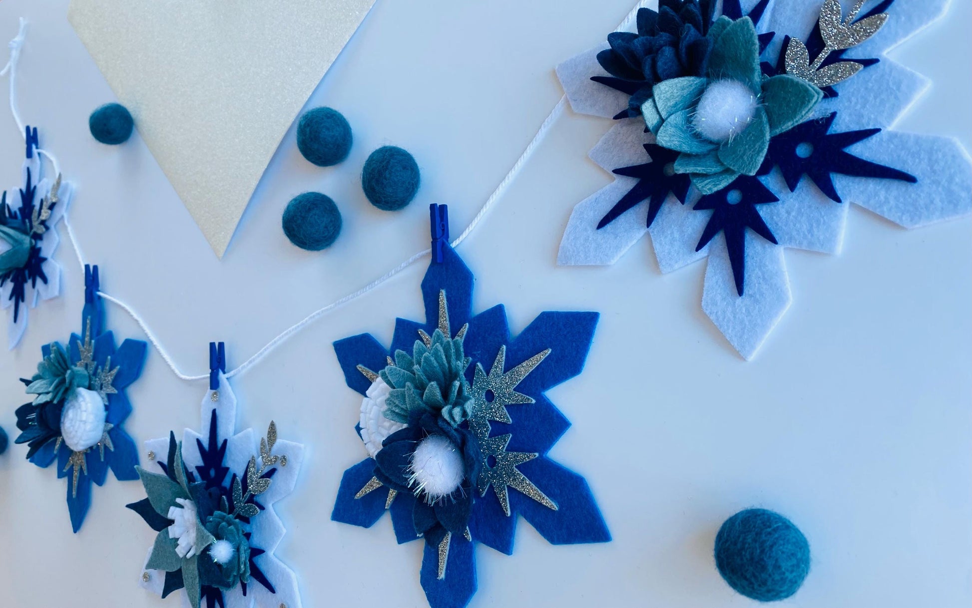 Sparkly Felt Snowflake Garland with Florals, Felt Snowflake Banner with Flowers, Wall Hanging or Mantel Decoration for Winter