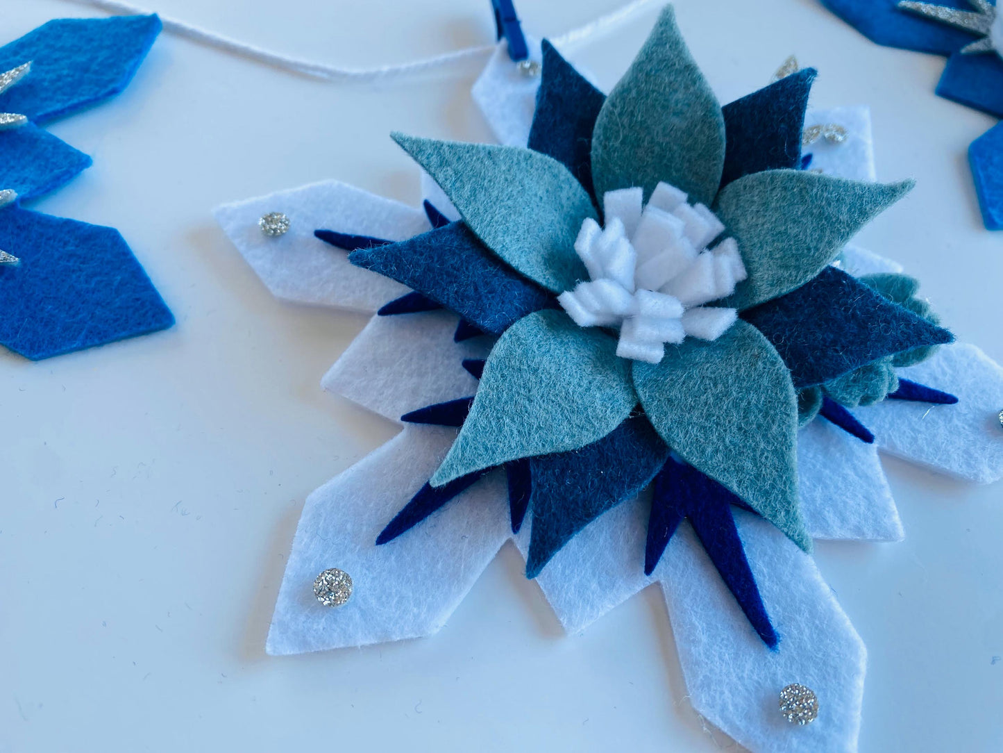 Sparkly Felt Snowflake Garland with Florals, Felt Snowflake Banner with Flowers, Wall Hanging or Mantel Decoration for Winter