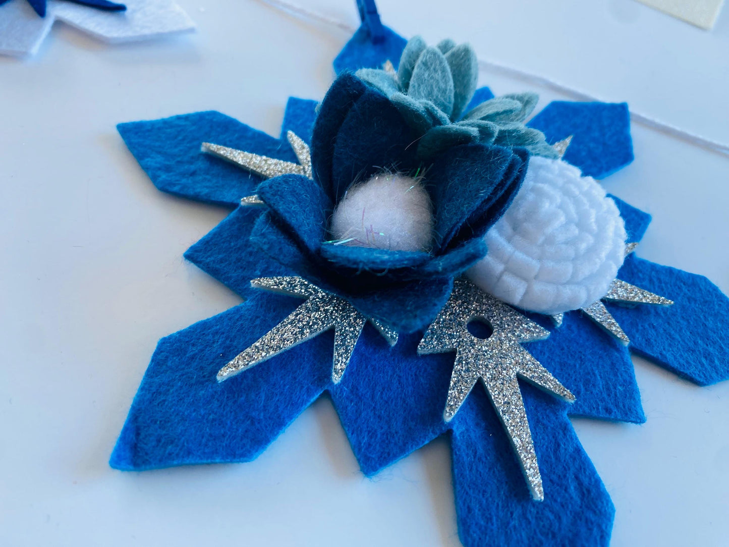 Sparkly Felt Snowflake Garland with Florals, Felt Snowflake Banner with Flowers, Wall Hanging or Mantel Decoration for Winter