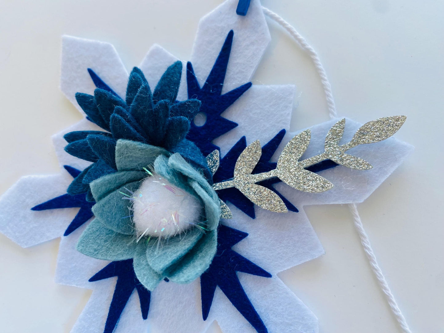 Sparkly Felt Snowflake Garland with Florals, Felt Snowflake Banner with Flowers, Wall Hanging or Mantel Decoration for Winter