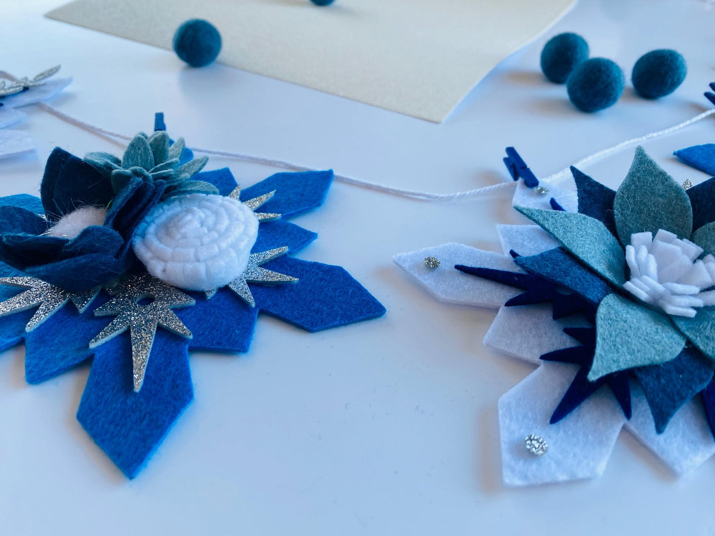 Sparkly Felt Snowflake Garland with Florals, Felt Snowflake Banner with Flowers, Wall Hanging or Mantel Decoration for Winter