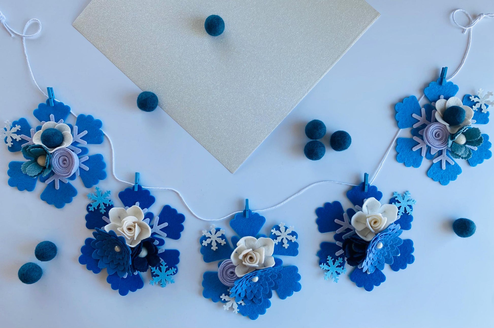 Felt Snowflake Garland with Florals, Felt Snowflake Banner with Flowers, Wall Hanging or Mantel Decoration for Winter