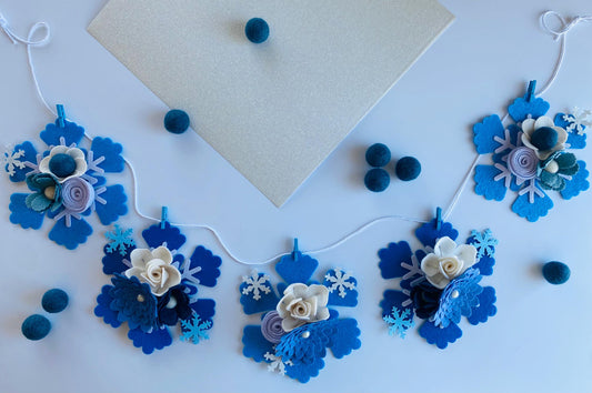Felt Snowflake Garland with Florals, Felt Snowflake Banner with Flowers, Wall Hanging or Mantel Decoration for Winter