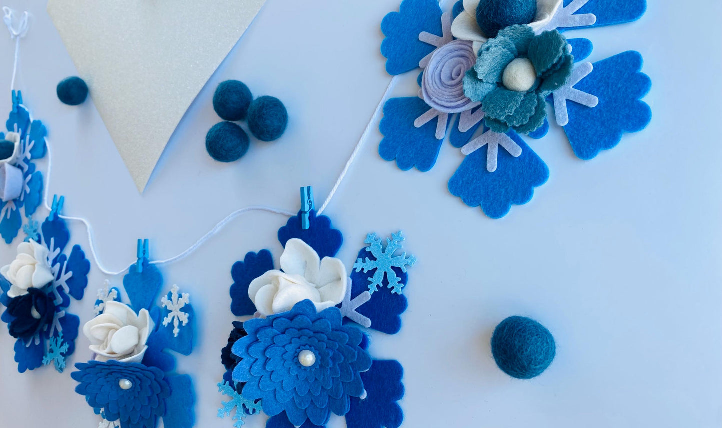 Felt Snowflake Garland with Florals, Felt Snowflake Banner with Flowers, Wall Hanging or Mantel Decoration for Winter