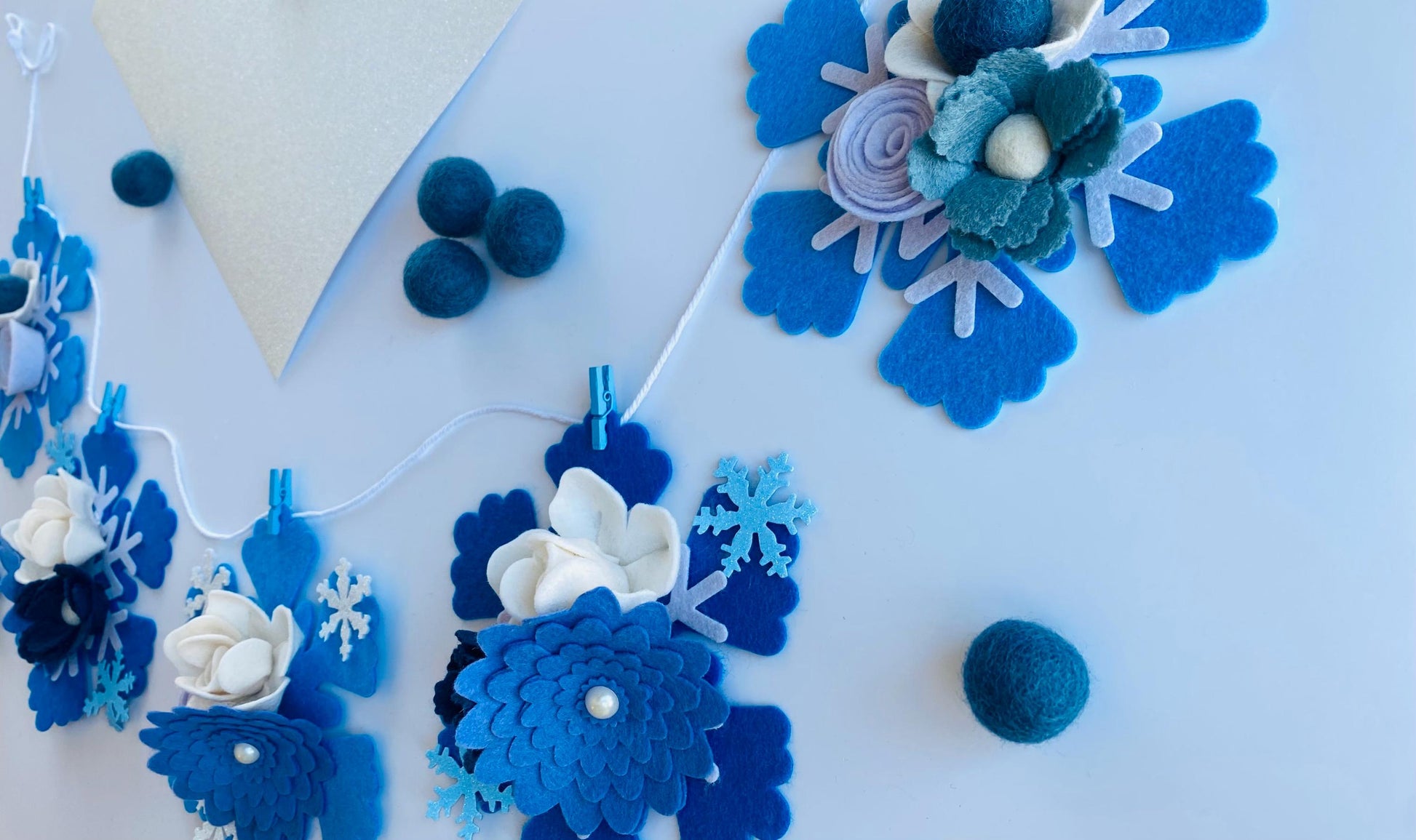 Felt Snowflake Garland with Florals, Felt Snowflake Banner with Flowers, Wall Hanging or Mantel Decoration for Winter