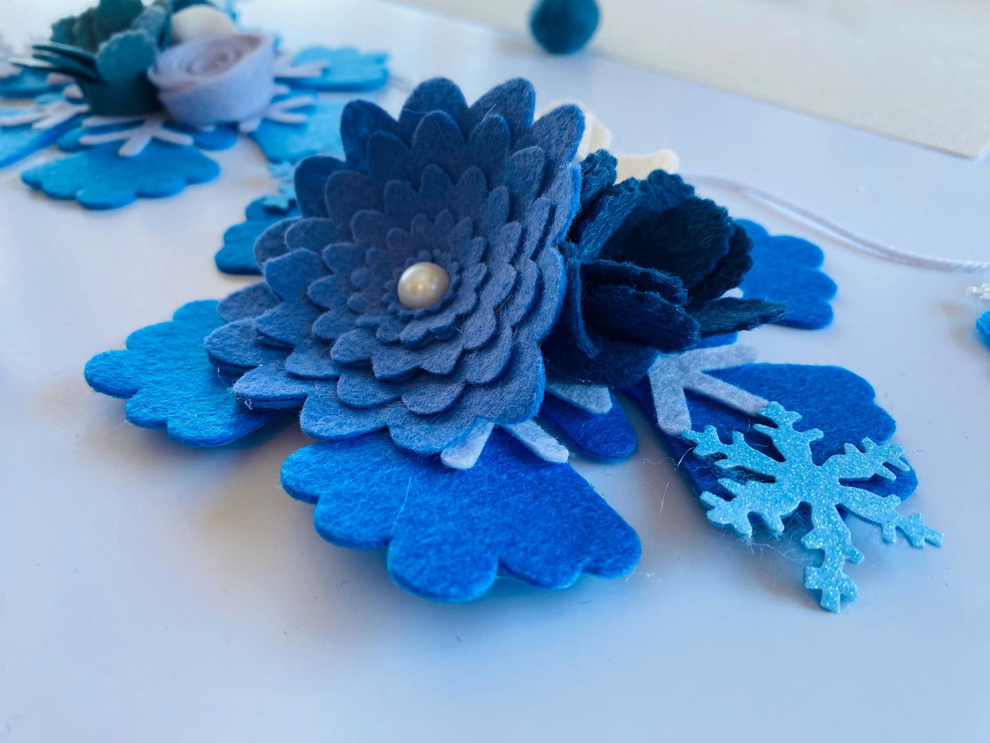 Felt Snowflake Garland with Florals, Felt Snowflake Banner with Flowers, Wall Hanging or Mantel Decoration for Winter