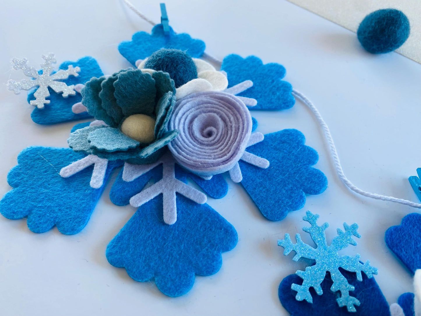 Felt Snowflake Garland with Florals, Felt Snowflake Banner with Flowers, Wall Hanging or Mantel Decoration for Winter