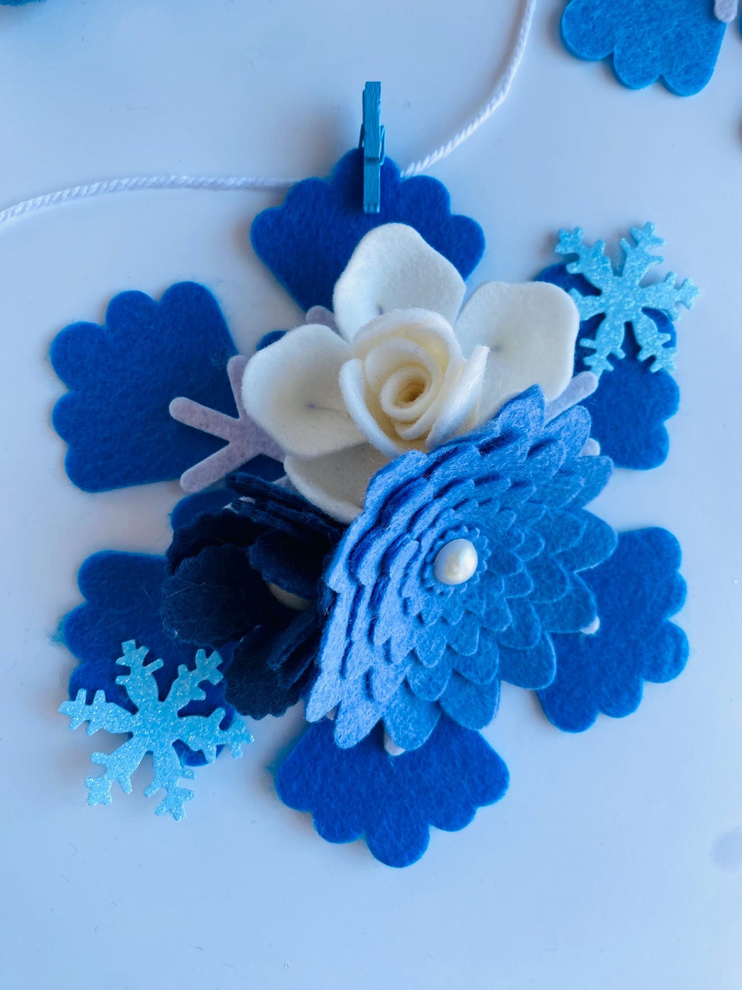 Felt Snowflake Garland with Florals, Felt Snowflake Banner with Flowers, Wall Hanging or Mantel Decoration for Winter