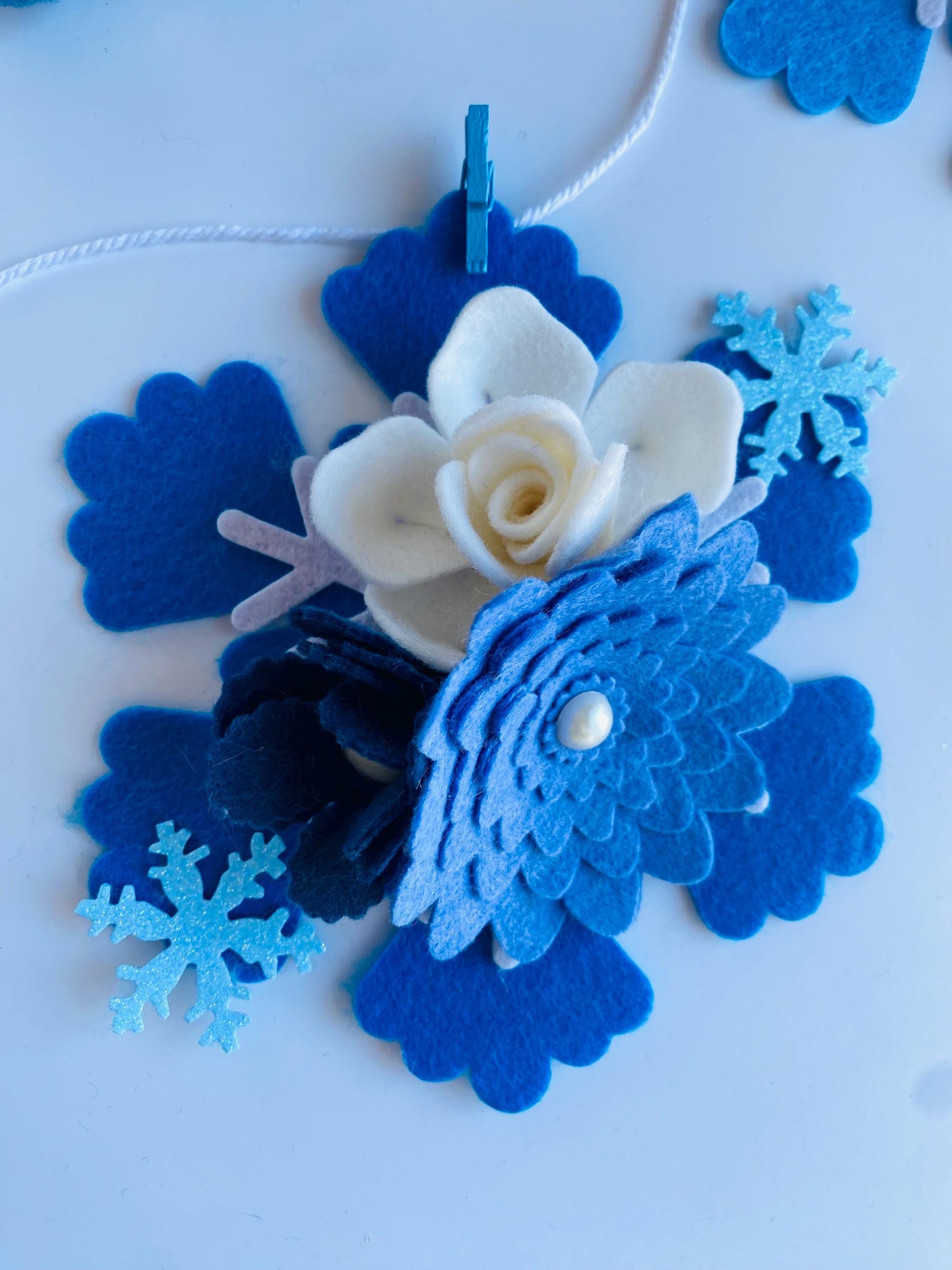 Felt Snowflake Garland with Florals, Felt Snowflake Banner with Flowers, Wall Hanging or Mantel Decoration for Winter