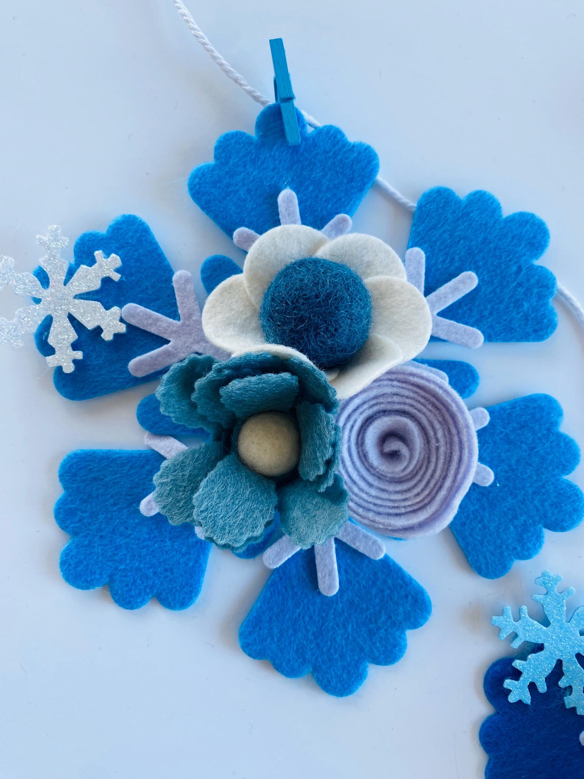 Felt Snowflake Garland with Florals, Felt Snowflake Banner with Flowers, Wall Hanging or Mantel Decoration for Winter