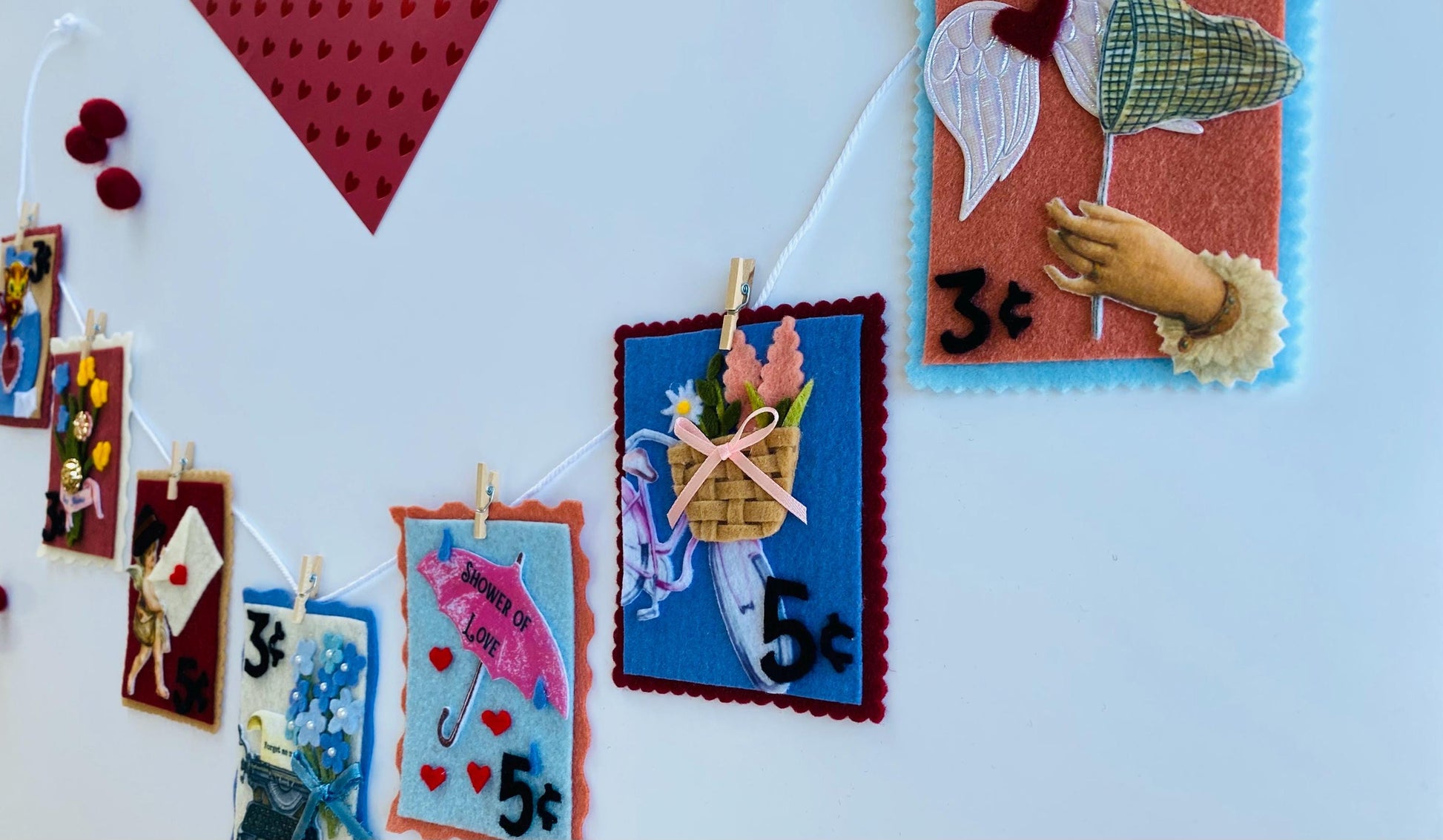 Vintage Inspired Felt Stamps Banner, Valentine’s Day Stamp Garland, Cupid Clothesline Banner, Victorian Style Postage Stamp Home Decoration