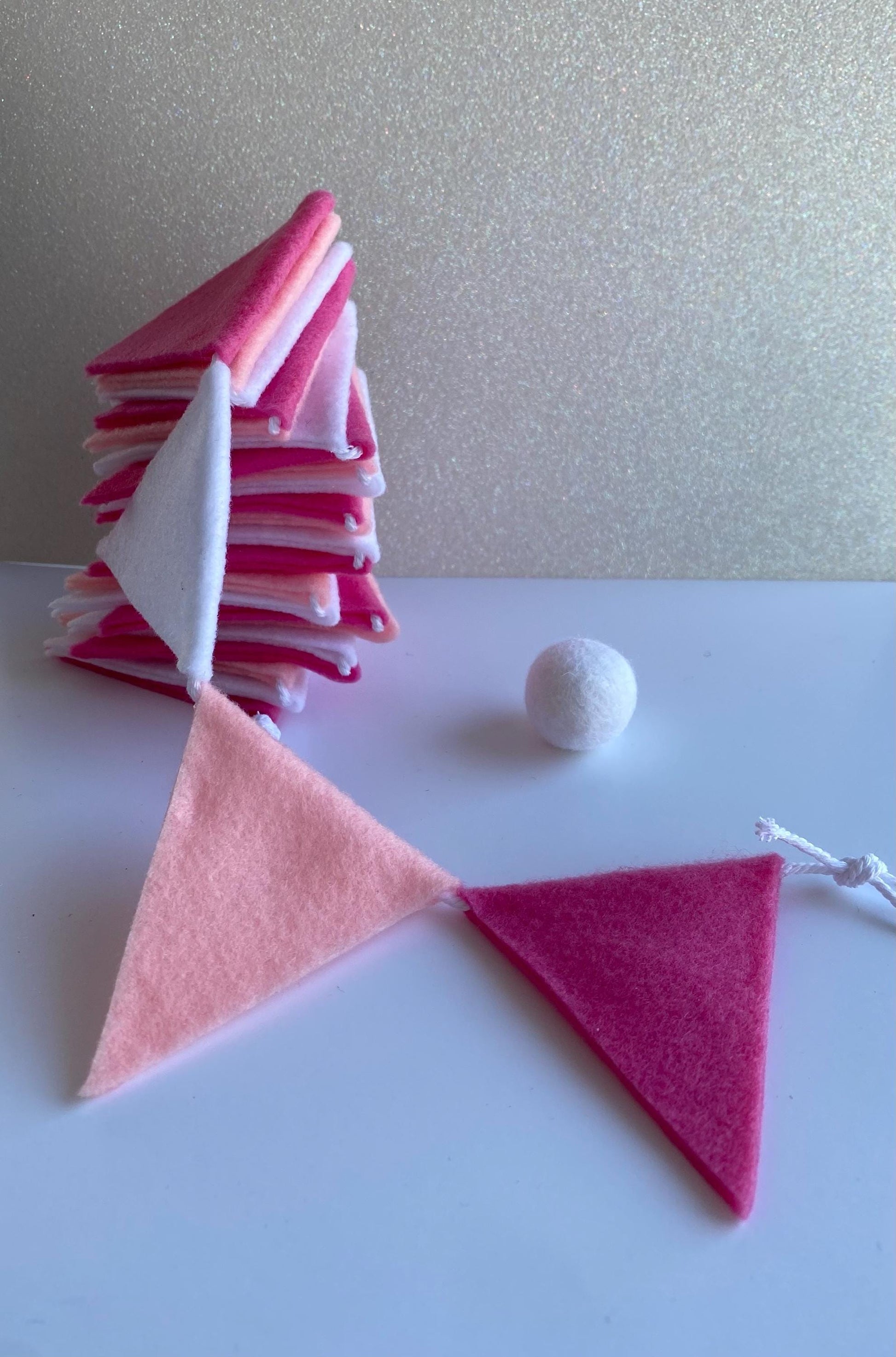 Triangle Bunting, St Valentine’s Day Pink and White Triangle Flag Garland, Baby Girl Bunting, 6 feet long Felt Mantel Swag or Party Decor