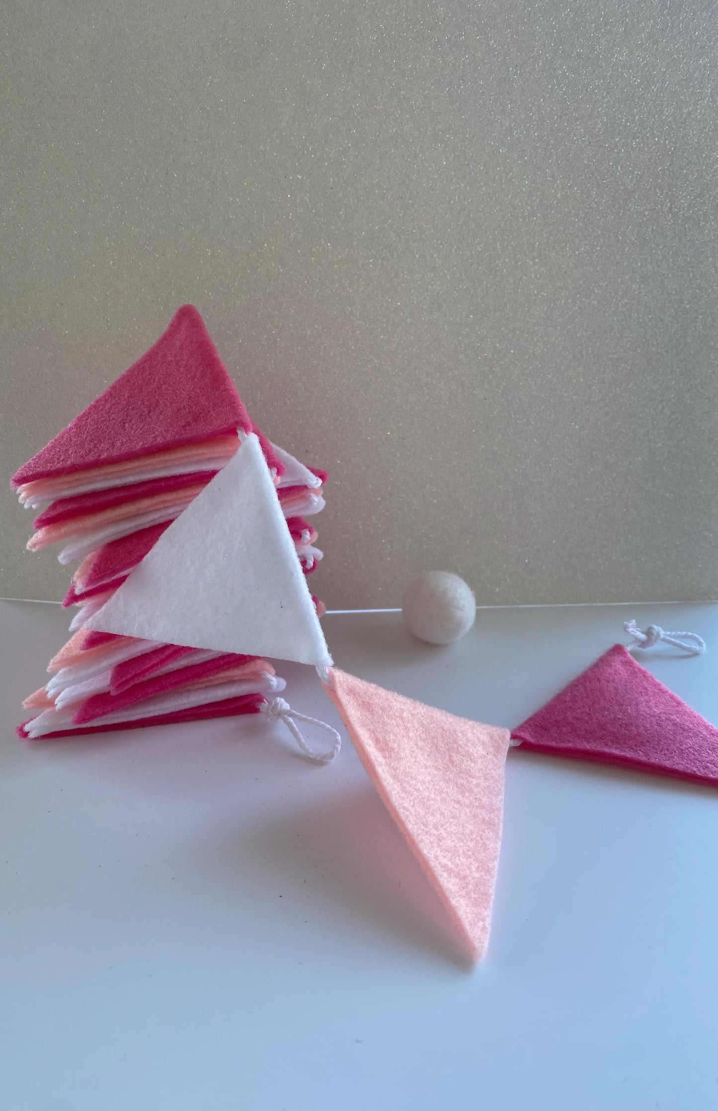 Triangle Bunting, St Valentine’s Day Pink and White Triangle Flag Garland, Baby Girl Bunting, 6 feet long Felt Mantel Swag or Party Decor
