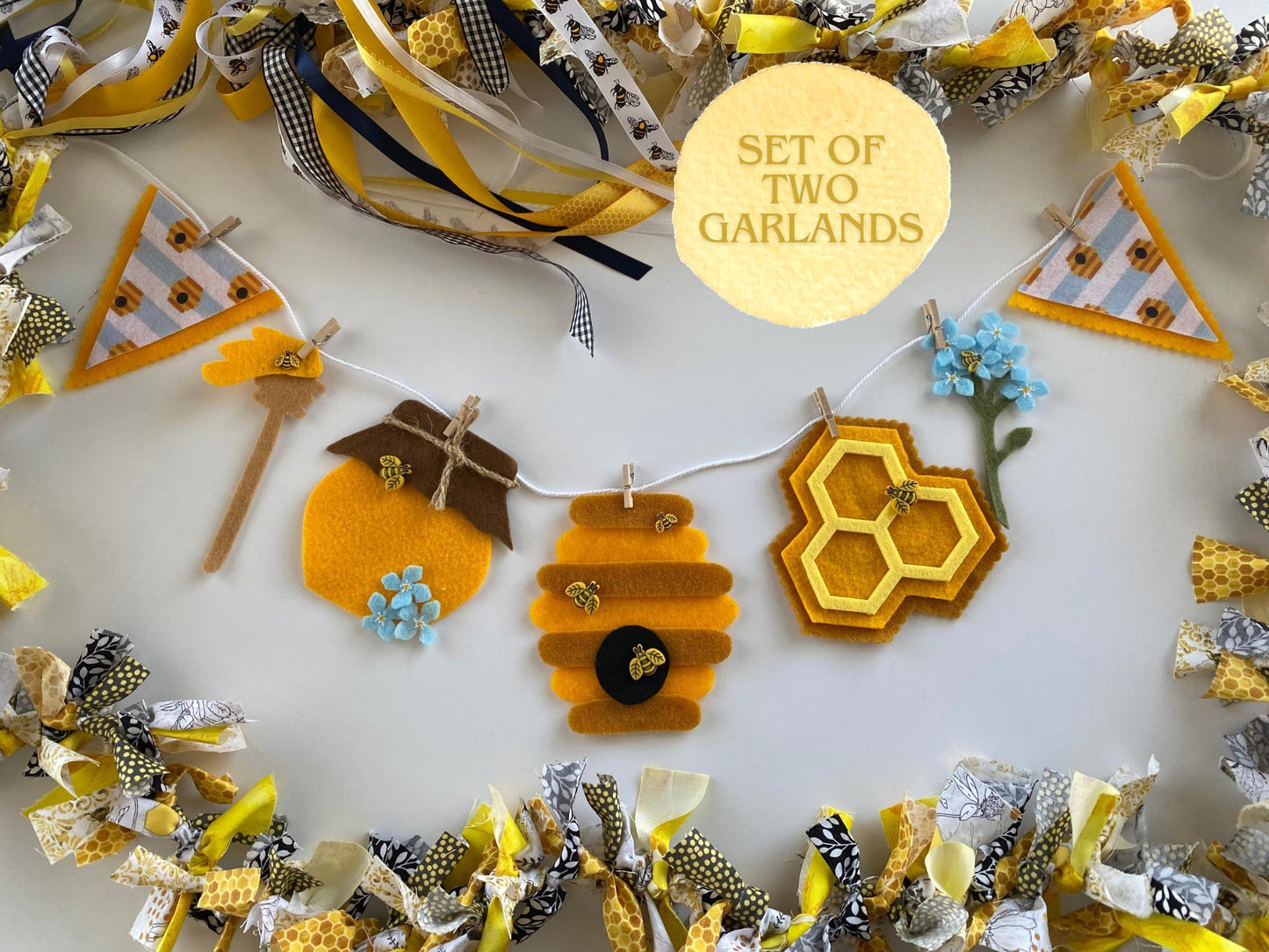 Bee Garland, Bee Hive Decoration, Spring Fabric Garland, Bumble Bee Bunting, Honey Banner, Honeybee Decor, Honey Bee Banner, Set of Two