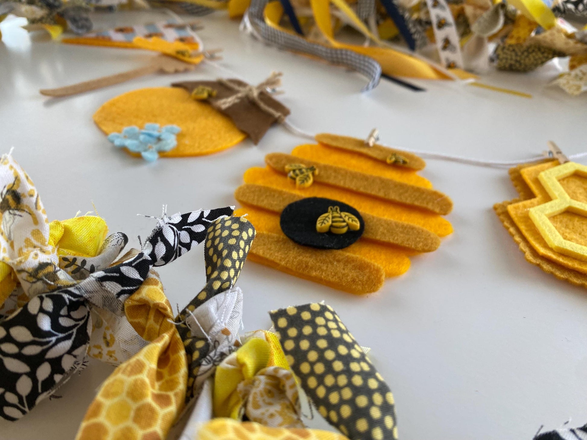 Bee Garland, Bee Hive Decoration, Spring Fabric Garland, Bumble Bee Bunting, Honey Banner, Honeybee Decor, Honey Bee Banner, Set of Two