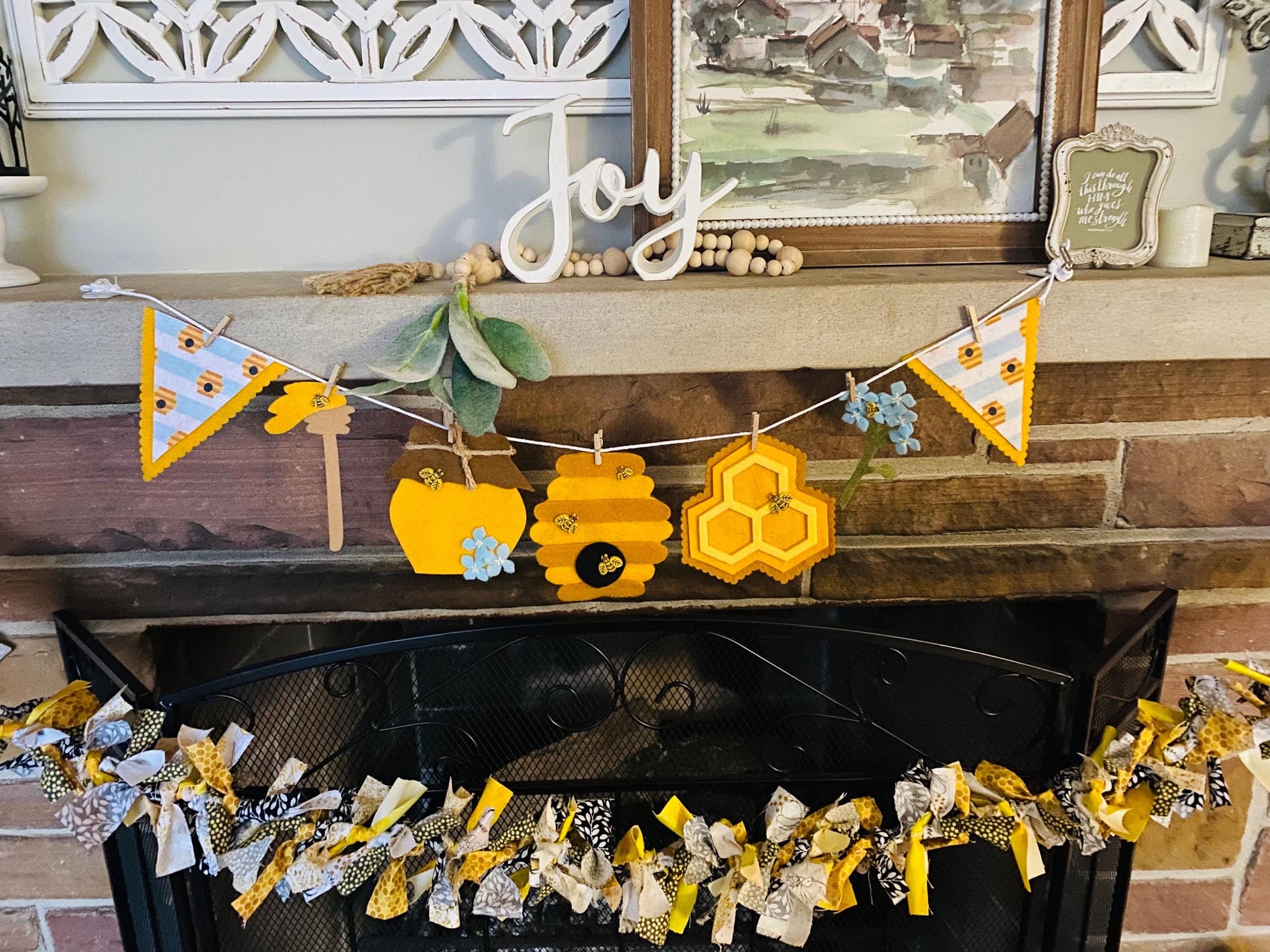 Bee Garland, Bee Hive Decoration, Spring Fabric Garland, Bumble Bee Bunting, Honey Banner, Honeybee Decor, Honey Bee Banner, Set of Two