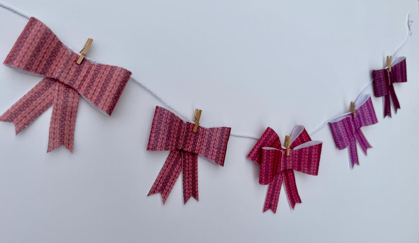 Pink Bow Banner, Felt Bow Garland, Faux Sweater Printed Bow Bunting, Wall Hanging Decoration for February and Valentine’s Day