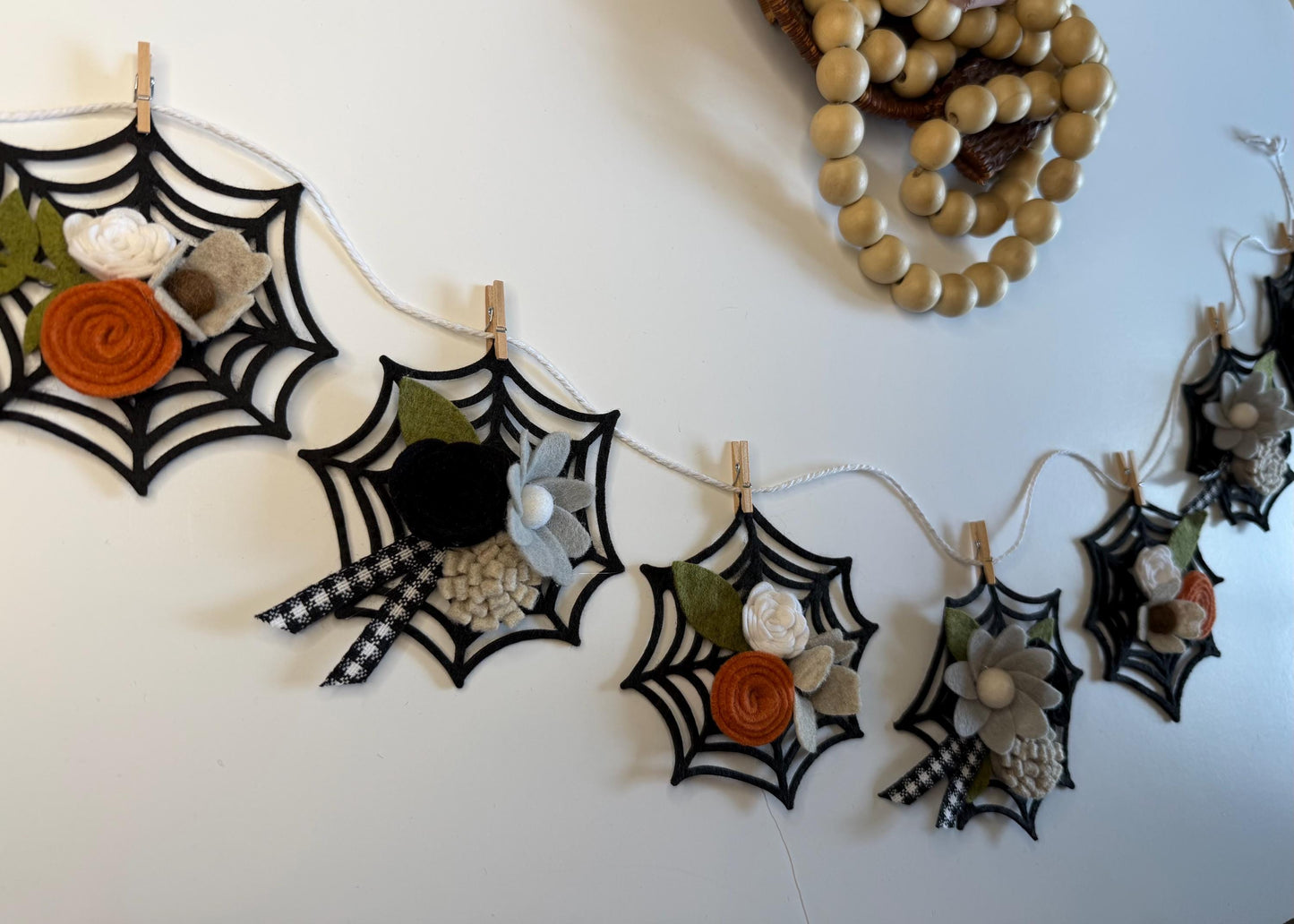Halloween Spider Web Banner with Felt Flowers, Neutral Garland for October, Floral Bunting Wall Hanging for Decoration