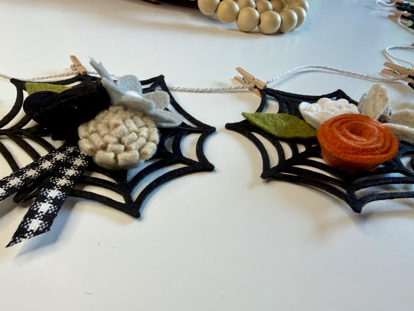 Halloween Spider Web Banner with Felt Flowers, Neutral Garland for October, Floral Bunting Wall Hanging for Decoration