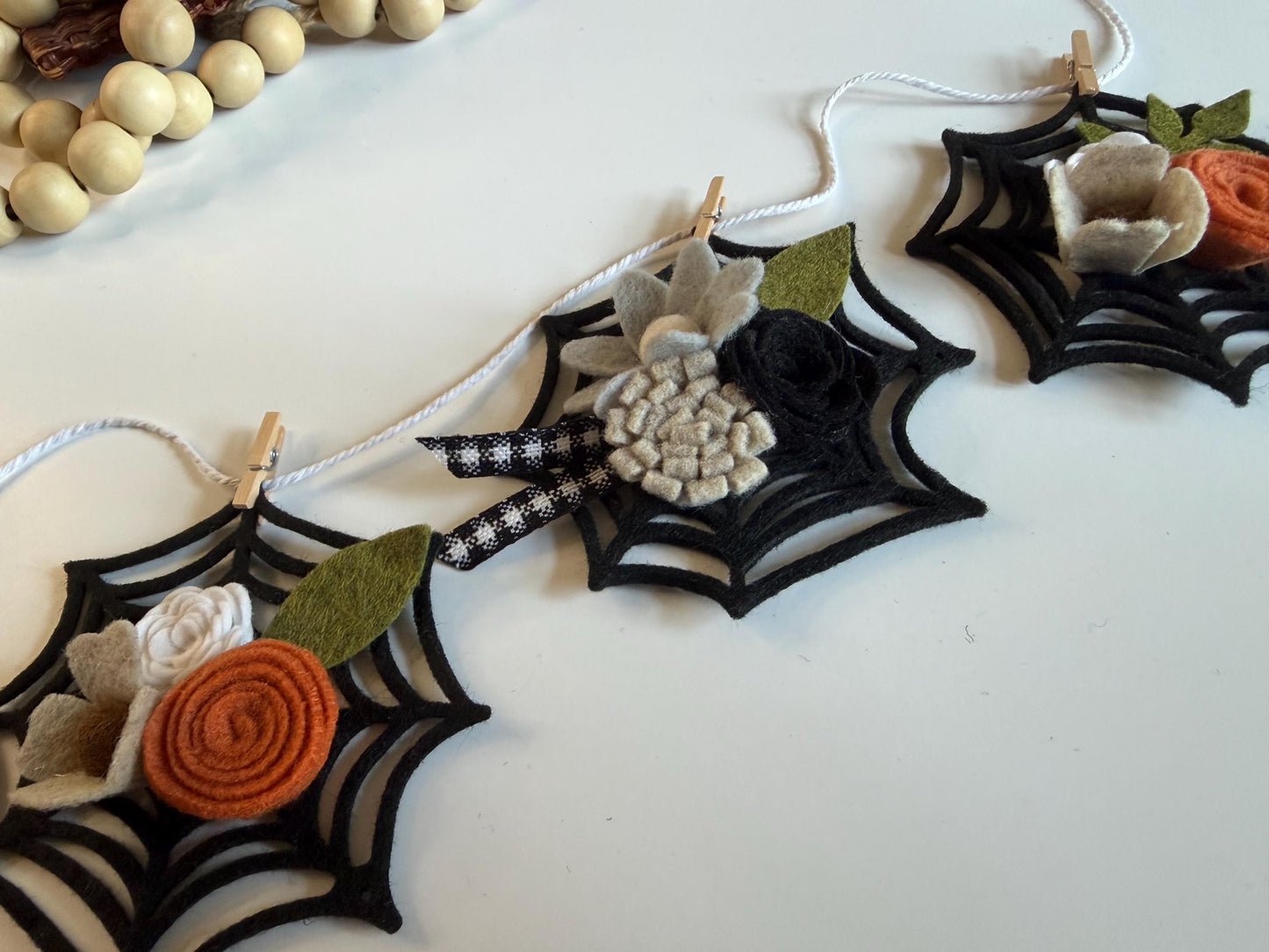 Halloween Spider Web Banner with Felt Flowers, Neutral Garland for October, Floral Bunting Wall Hanging for Decoration