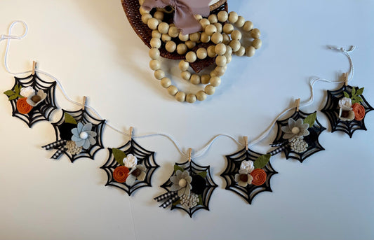 Halloween Spider Web Banner with Felt Flowers, Neutral Garland for October, Floral Bunting Wall Hanging for Decoration