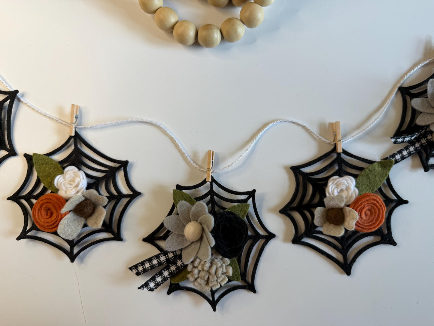 Halloween Spider Web Banner with Felt Flowers, Neutral Garland for October, Floral Bunting Wall Hanging for Decoration