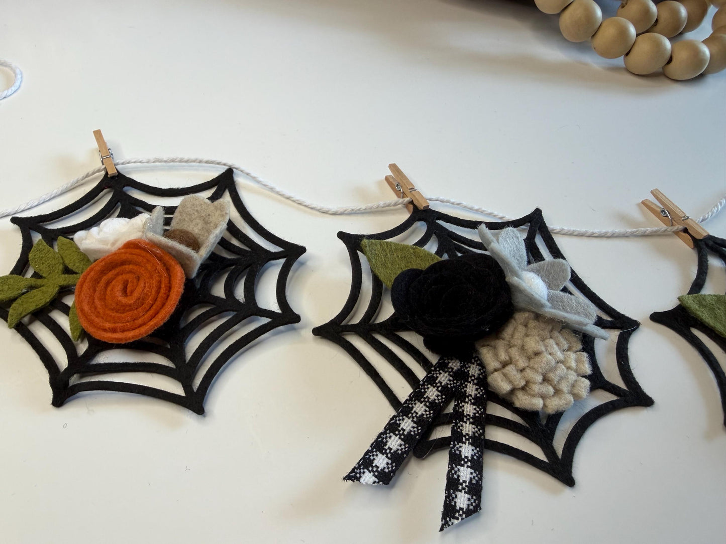 Halloween Spider Web Banner with Felt Flowers, Neutral Garland for October, Floral Bunting Wall Hanging for Decoration